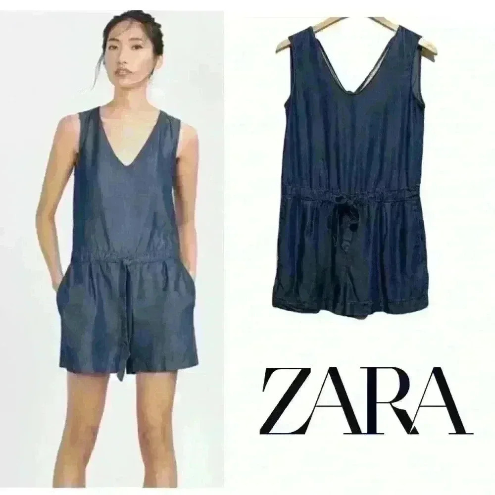 Zara Basic Dark Chambray Romper Tie Back‎ size XS blue denim  Vneck Drop waist